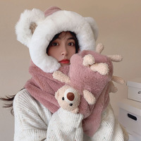 3 In 1 Fluffy Bear Hooded Scarf Gloves Hat - Thumbnail 5