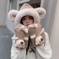 3 In 1 Fluffy Bear Hooded Scarf Gloves Hat - Thumbnail 3
