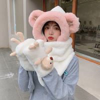 3 In 1 Fluffy Bear Hooded Scarf Gloves Hat - Thumbnail 2