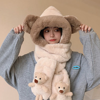3 In 1 Fluffy Bear Hooded Scarf Gloves Hat - Thumbnail 1