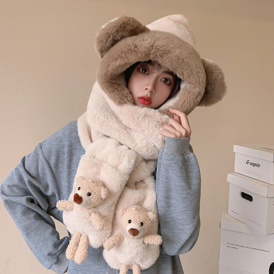 3 in 1 fluffy bear hooded scarf gloves hat