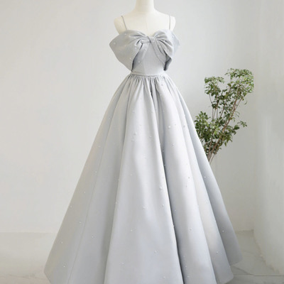 Lovely satin pearls floor length prom dress, a-line evening party dress - Thumbnail 2