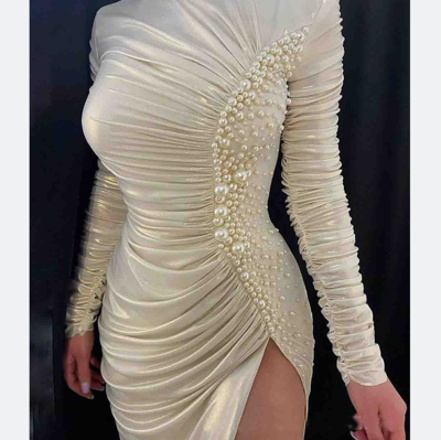 Women'S Long Sleeve Bubble Bead Design Split Dress