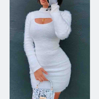 Elegant temperament fashion women's long sleeved white dress - Thumbnail 2