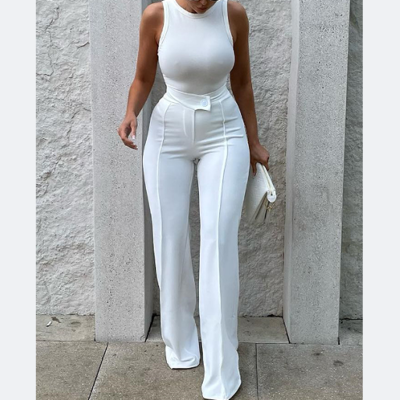 Sexy white solid color sleeveless two piece vest set