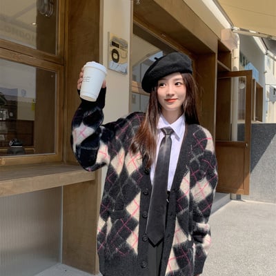 Korean fashion women blue white & black pink diamond argyle pattern autumn winter cardigan