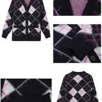 Korean Fashion Women Blue White & Black Pink Diamond Argyle Pattern Autumn Winter Cardigan - Thumbnail 4