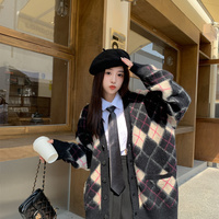 Korean Fashion Women Blue White & Black Pink Diamond Argyle Pattern Autumn Winter Cardigan - Thumbnail 1