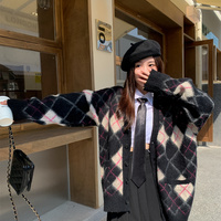 Korean Fashion Women Blue White & Black Pink Diamond Argyle Pattern Autumn Winter Cardigan - Thumbnail 2