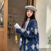 Korean Fashion Women Blue White & Black Pink Diamond Argyle Pattern Autumn Winter Cardigan - Thumbnail 5