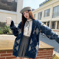 Korean Fashion Women Blue White & Black Pink Diamond Argyle Pattern Autumn Winter Cardigan - Thumbnail 6