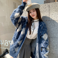 Korean Fashion Women Blue White & Black Pink Diamond Argyle Pattern Autumn Winter Cardigan - Thumbnail 7