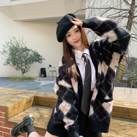 Korean Fashion Women Blue White & Black Pink Diamond Argyle Pattern Autumn Winter Cardigan - Thumbnail 3