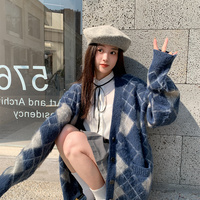 Korean Fashion Women Blue White & Black Pink Diamond Argyle Pattern Autumn Winter Cardigan - Thumbnail 9