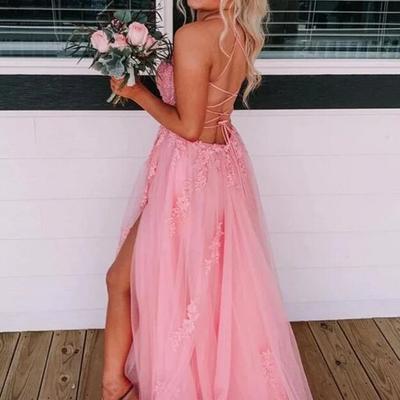 Charming a line split tulle pink lace prom dresses - Thumbnail 3