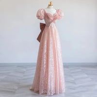 Pink Tulle Sequins Long Prom Dress, A-Line Short Sleeve Evening Party Dress with Bow - Thumbnail 2