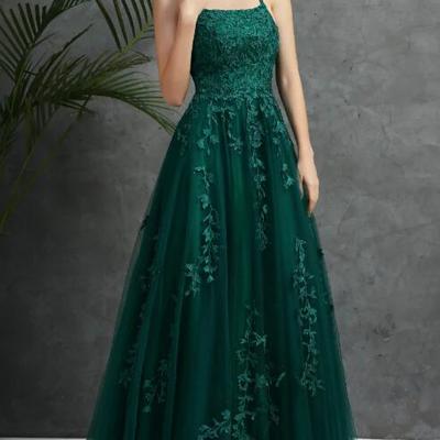 Straps tulle lace appliques a line formal prom dresses  - Thumbnail 3