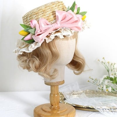 Cute victorian girl tulip bow summer straw hat - Thumbnail 5