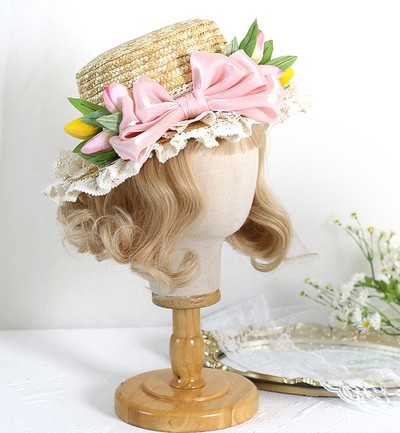 Cute Victorian Girl Tulip Bow Summer Straw Hat