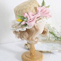 Cute Victorian Girl Tulip Bow Summer Straw Hat - Thumbnail 2