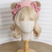 Cute Teddy Bear Ears with Bow Fall Autumn Winter Painter Beret Hat - Thumbnail 4