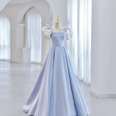 Blue satin long a-line prom dresss, lovely short sleeve princess evening dress - Thumbnail 1