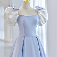 Blue Satin Long A-Line Prom Dresss, Lovely Short Sleeve Princess Evening Dress - Thumbnail 1