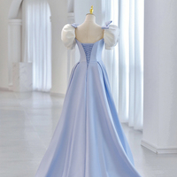 Blue Satin Long A-Line Prom Dresss, Lovely Short Sleeve Princess Evening Dress - Thumbnail 2