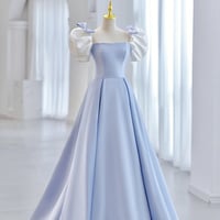 Blue Satin Long A-Line Prom Dresss, Lovely Short Sleeve Princess Evening Dress - Thumbnail 3