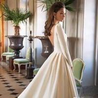 A Line Satin Backless Sweep Train Wedding Gowns Bridal Dress With Long Sleeves - Thumbnail 1