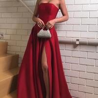 A Line Strapless Dark Red Satin Prom Dresses with Slit Side - Thumbnail 1