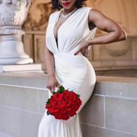 Mermaid Deep V Neck Open Back Sweep Train Pleats Bridal Gowns - Thumbnail 2