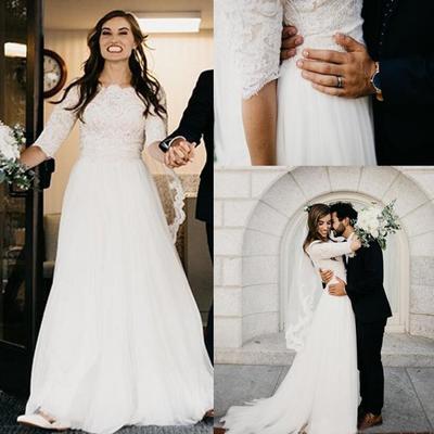 Modest a-line ivory lace wedding dresses with half sleeves - Thumbnail 3