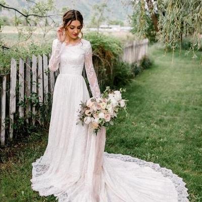 Vintage modest long sleeves mermaid lace wedding dresses  - Thumbnail 4
