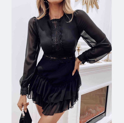 Solid Color Women'S Gauze Lace Splicing Dress