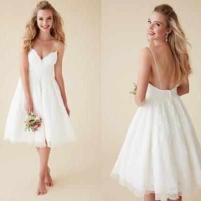 Spaghetti straps knee length backless lace bridal dresses - Thumbnail 3