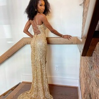 Cute Mermaid Sweetheart Gold Sequins Long Prom Dresses with Slit - Thumbnail 2