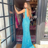 Cute Mermaid V Neck Blue Sequins Long Prom Dresses - Thumbnail 1