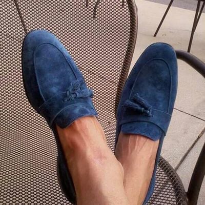 Outstanding men's hand made navy blue tassels loafer suede shoes 