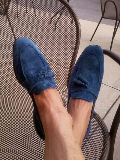Outstanding Men's Hand Made Navy Blue Tassels Loafer Suede Shoes 