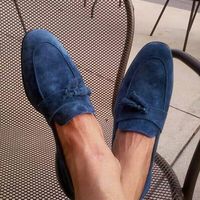Outstanding Men's Hand Made Navy Blue Tassels Loafer Suede Shoes  - Thumbnail 1