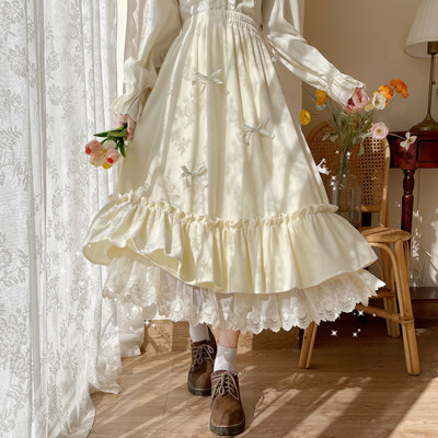Fall Autumn Mori Girl White Cream Bow Long Elastic Gathered Waist Skirt
