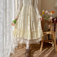 Fall Autumn Mori Girl White Cream Bow Long Elastic Gathered Waist Skirt - Thumbnail 4