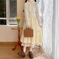 Fall Autumn Mori Girl White Cream Bow Long Elastic Gathered Waist Skirt - Thumbnail 5