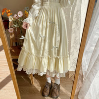 Fall Autumn Mori Girl White Cream Bow Long Elastic Gathered Waist Skirt - Thumbnail 1