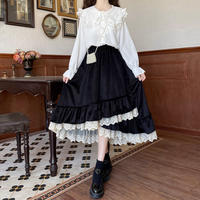 Fall Autumn Mori Girl White & Black Lace Long Elastic Gathered Waist Skirt - Thumbnail 1