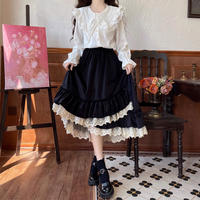 Fall Autumn Mori Girl White & Black Lace Long Elastic Gathered Waist Skirt - Thumbnail 2
