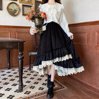 Fall Autumn Mori Girl White & Black Lace Long Elastic Gathered Waist Skirt - Thumbnail 4