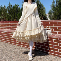 Fall Autumn Mori Girl White & Black Lace Long Elastic Gathered Waist Skirt - Thumbnail 6