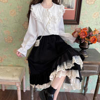 Fall Autumn Mori Girl White & Black Lace Long Elastic Gathered Waist Skirt - Thumbnail 3